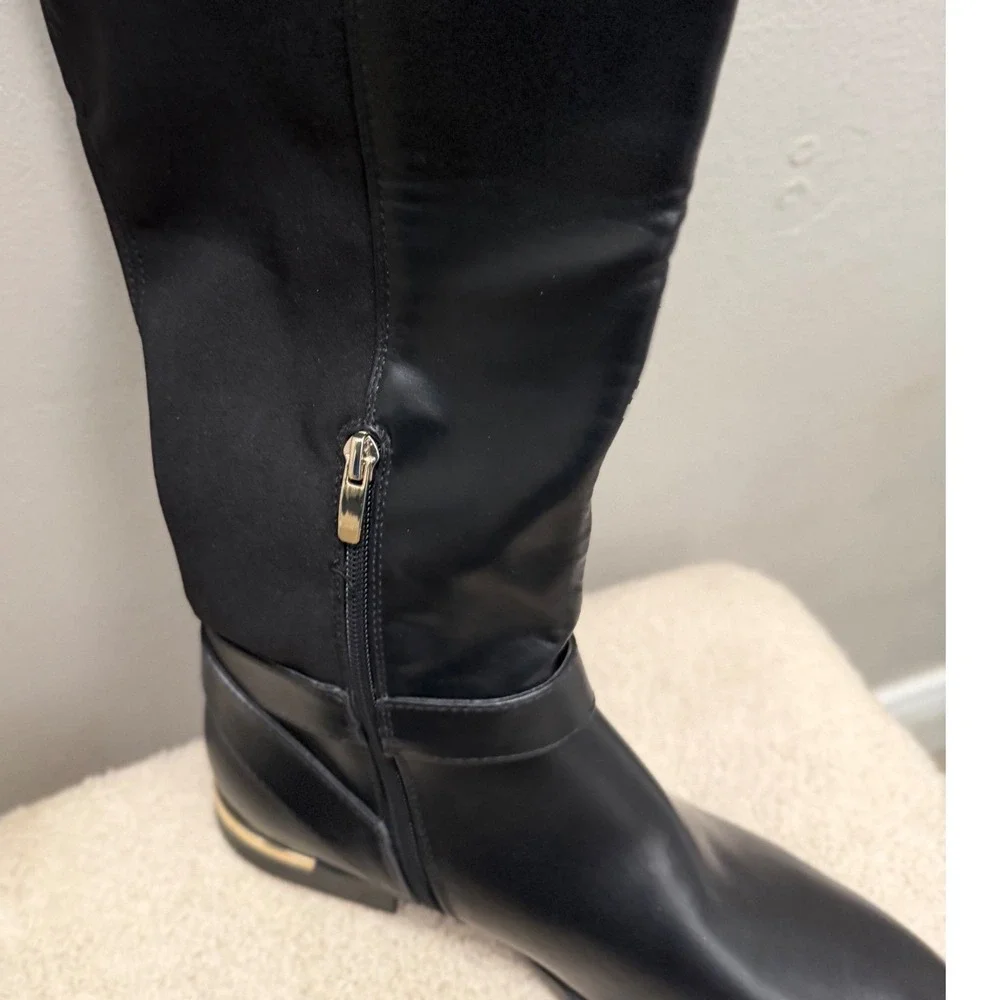 Nine Andone West Black Over The Knee Boots Gold Buckle Stretch Minimalist 9.5